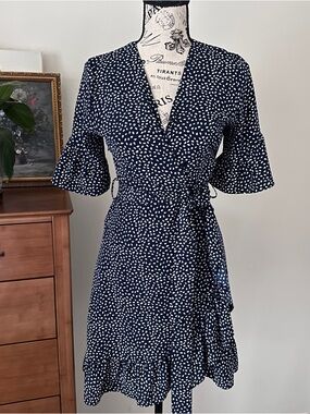 The Editor’s Market Navy Wrap Dress Polka Dot Ruffle Mini S